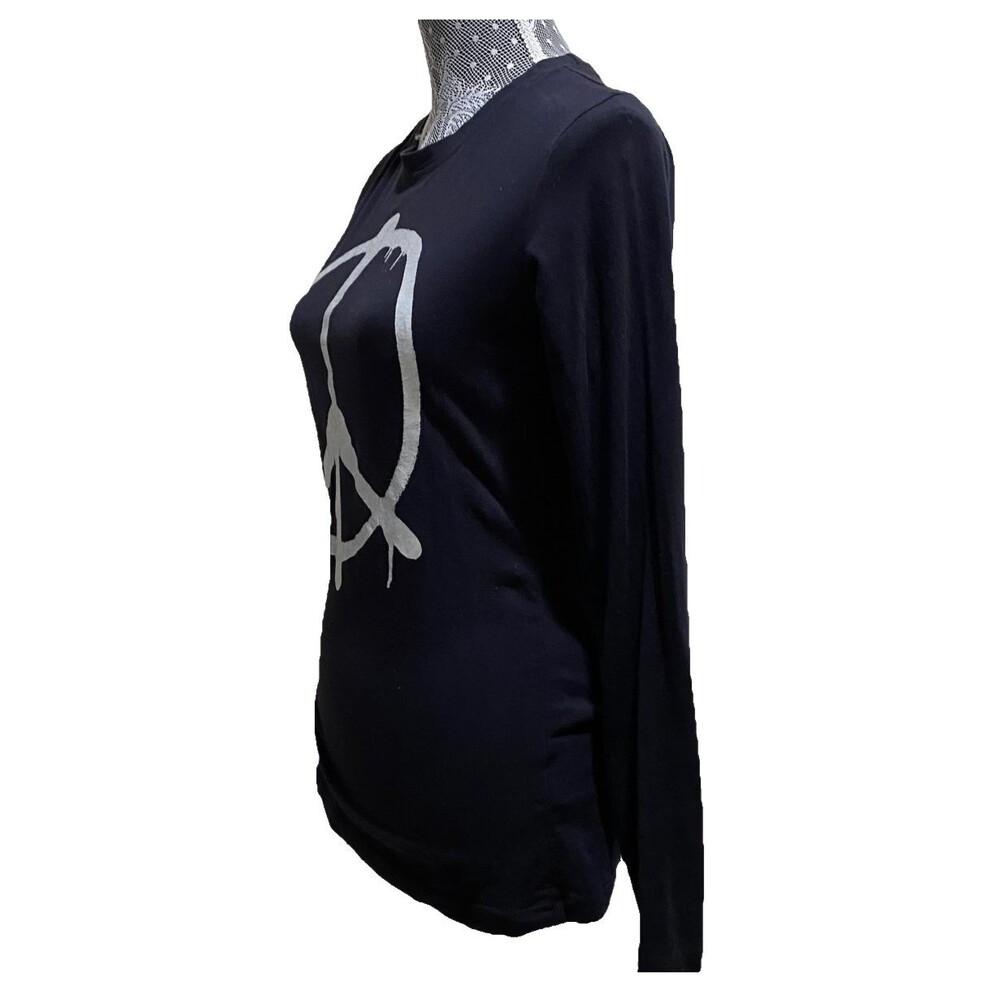 ISDA & CO Peace Sign Graphic Long Sleeve Black Metallic Foil Stretch Top XS - Picture 2 of 15